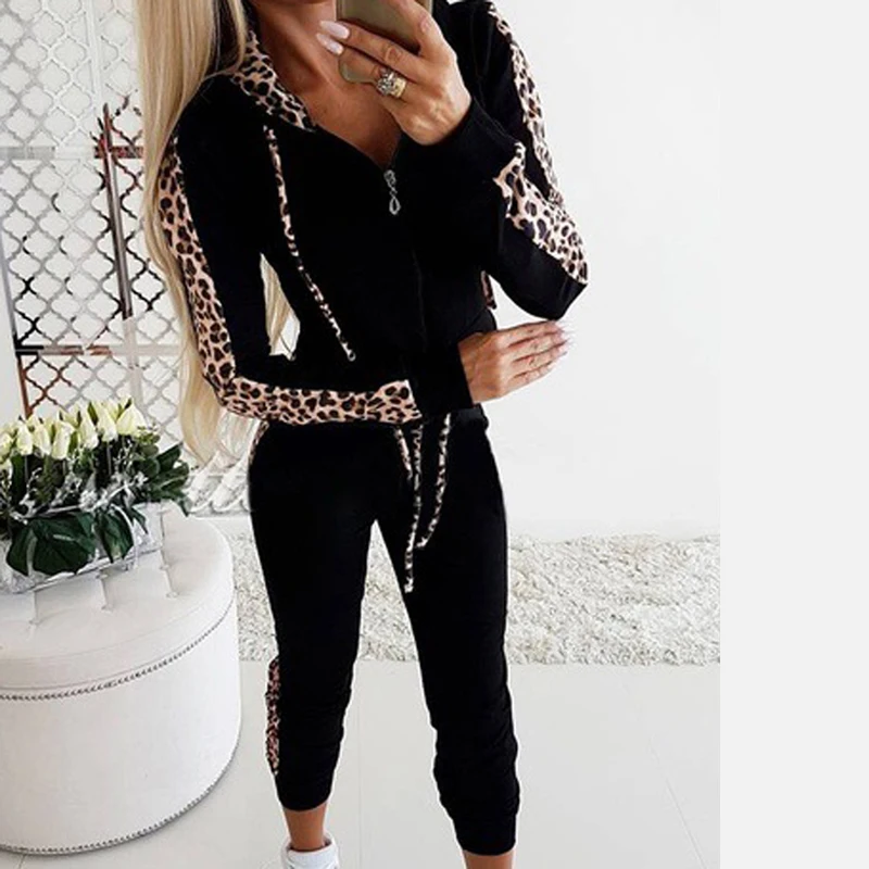 Autumn Winter Tracksuit Women Splice Fleece Leopard Print Coat With Hood Two Pieces Set Hoodies Long Pants Suit Woman Sportswear sports suit,women shirt shorts set