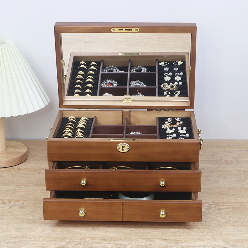 Three Layer Luxury Large Wooden Jewelry Box Lockable Display Watch Pendant Anklet Bracelet Necklace Storage Box Birthday GiftNew