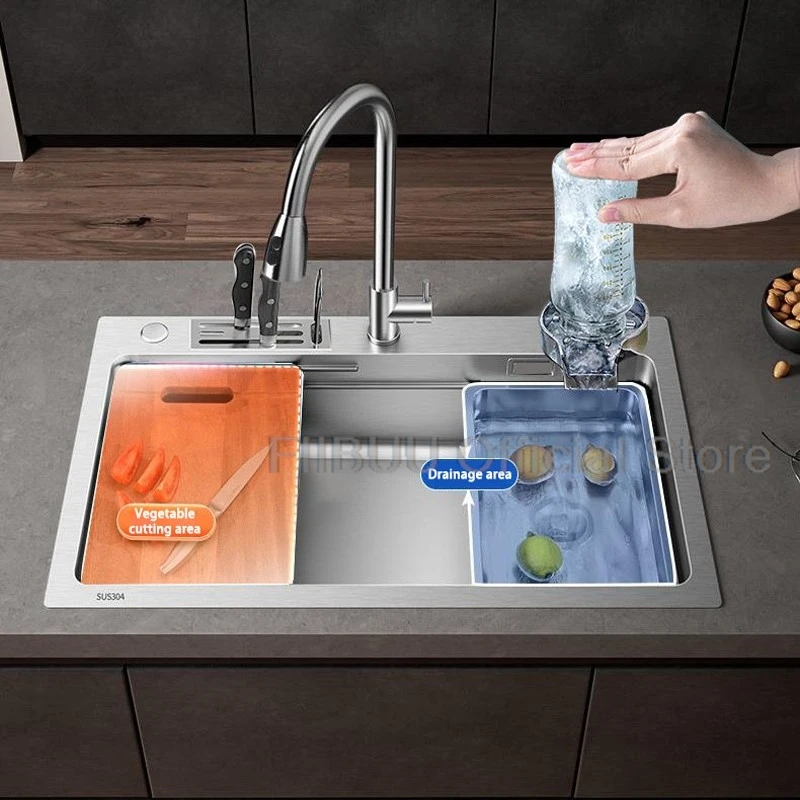 304 Stainless Steel Kitchen Sink Multifunctional Vegetable Workstation Large Capacity Single Bowl Wash/Cut/Drain One Full Set