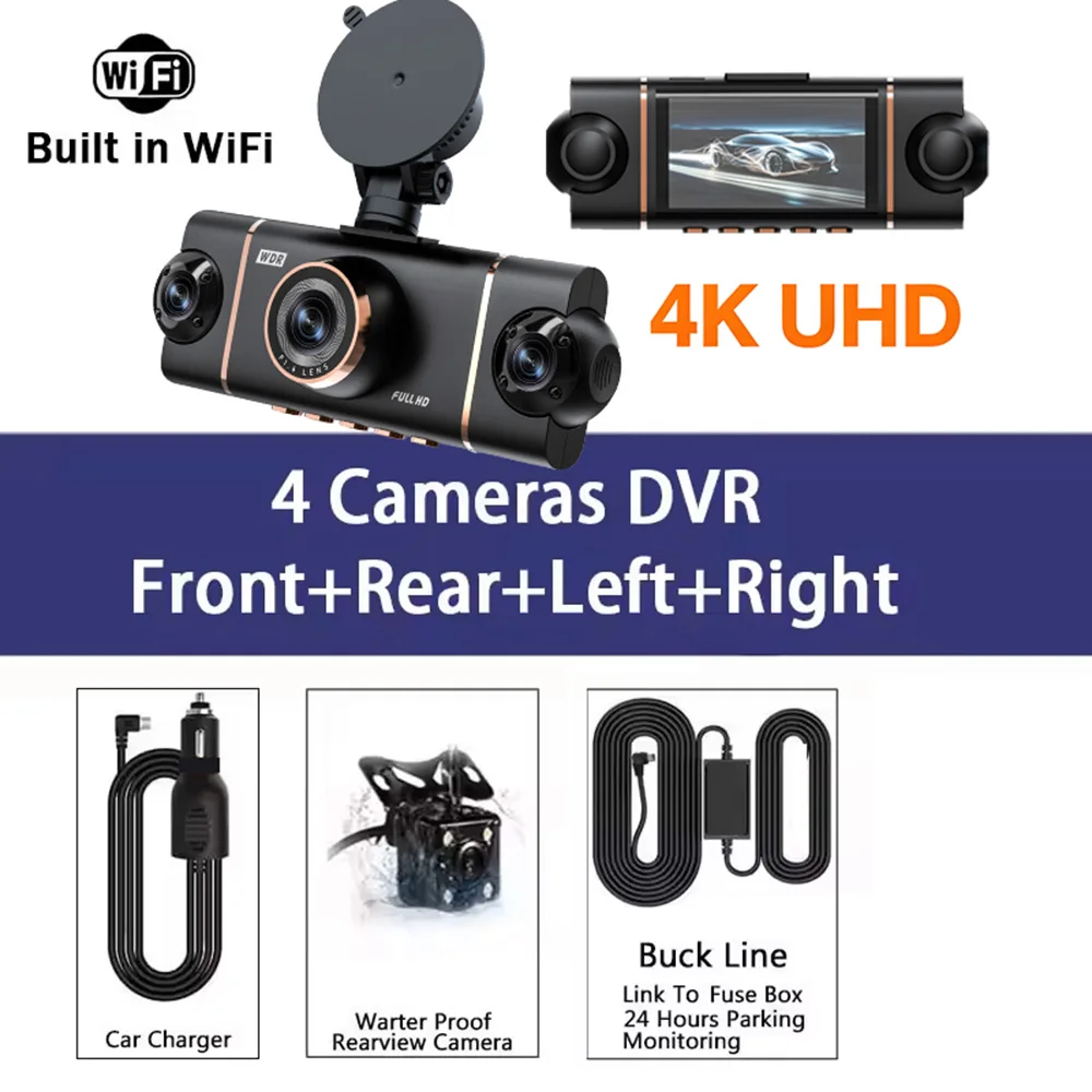 4K Quad Lens Car Camera WIFI Dashcam 360° Coverage Car DVR 24H Parking Monitor