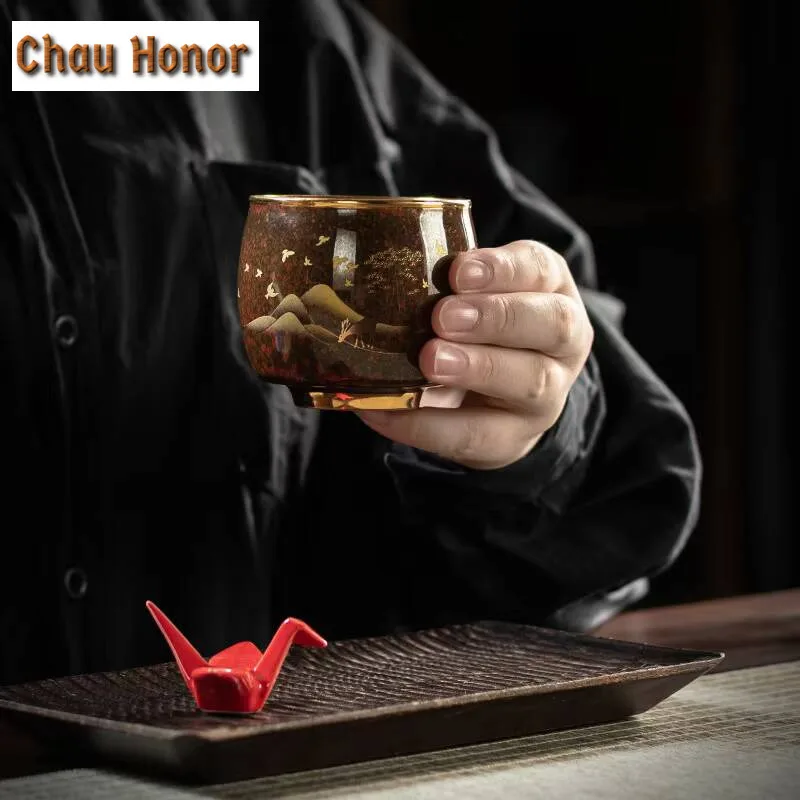 145ml High-end Emerald Red Tianmu Glaze Ceramics Tea Cup Handmade Home Coarse Pottery Kung Fu Teaset Tea Ceremony Gift Packaging