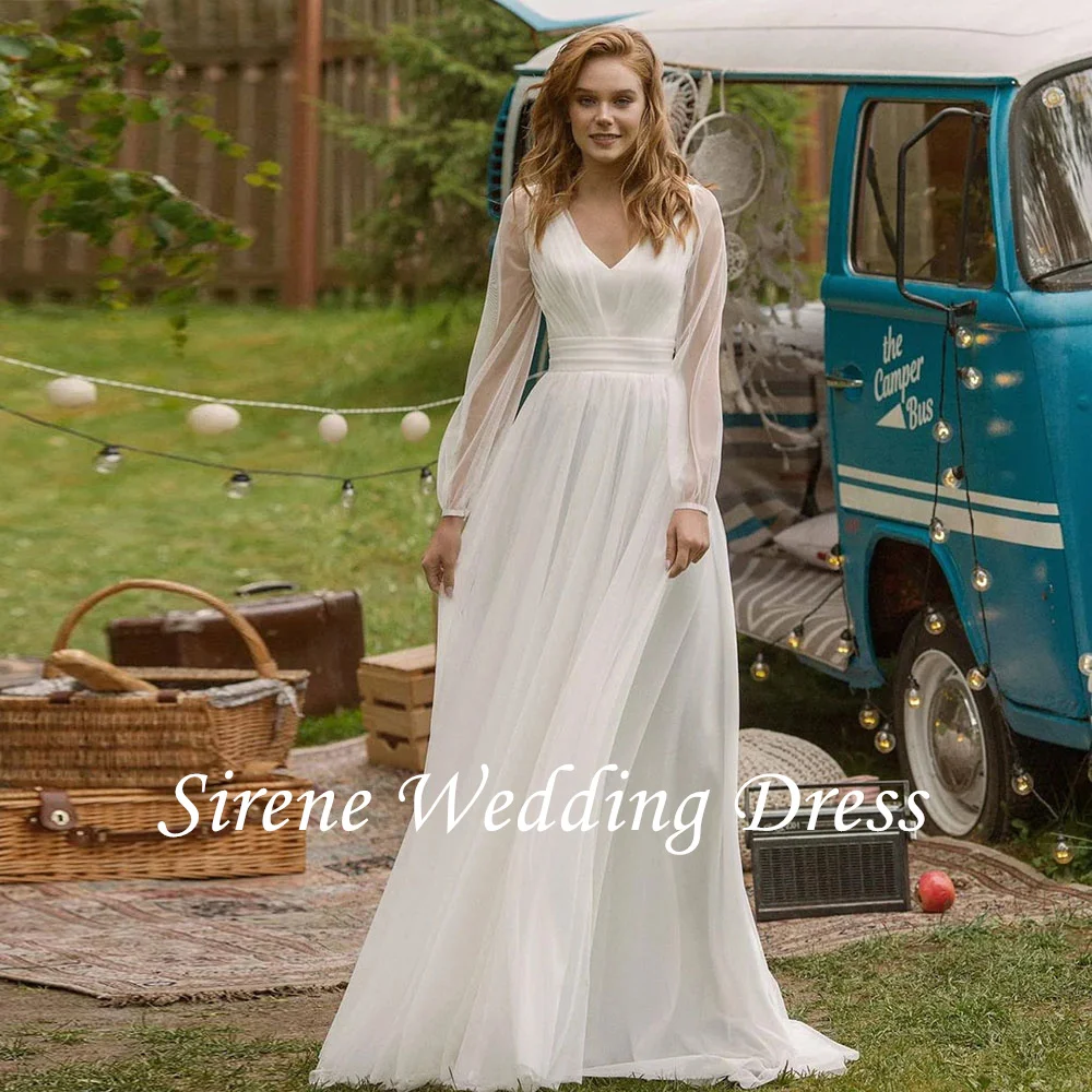 Sirene Elegant V-Neck Wedding Dresses For Women Long Sleeves Bridal Gown A Line Sweep Train Robe De Mariée For Sexy Women sirene elegant v neck wedding dresses for women long sleeves bridal gown a line sweep train robe de mariée for sexy women