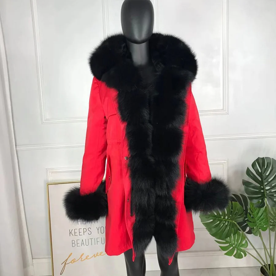 

New Parka Coat Women Knitted Silver Fox Fur Lined Outwear Black Winter Thick Warm Overcoat