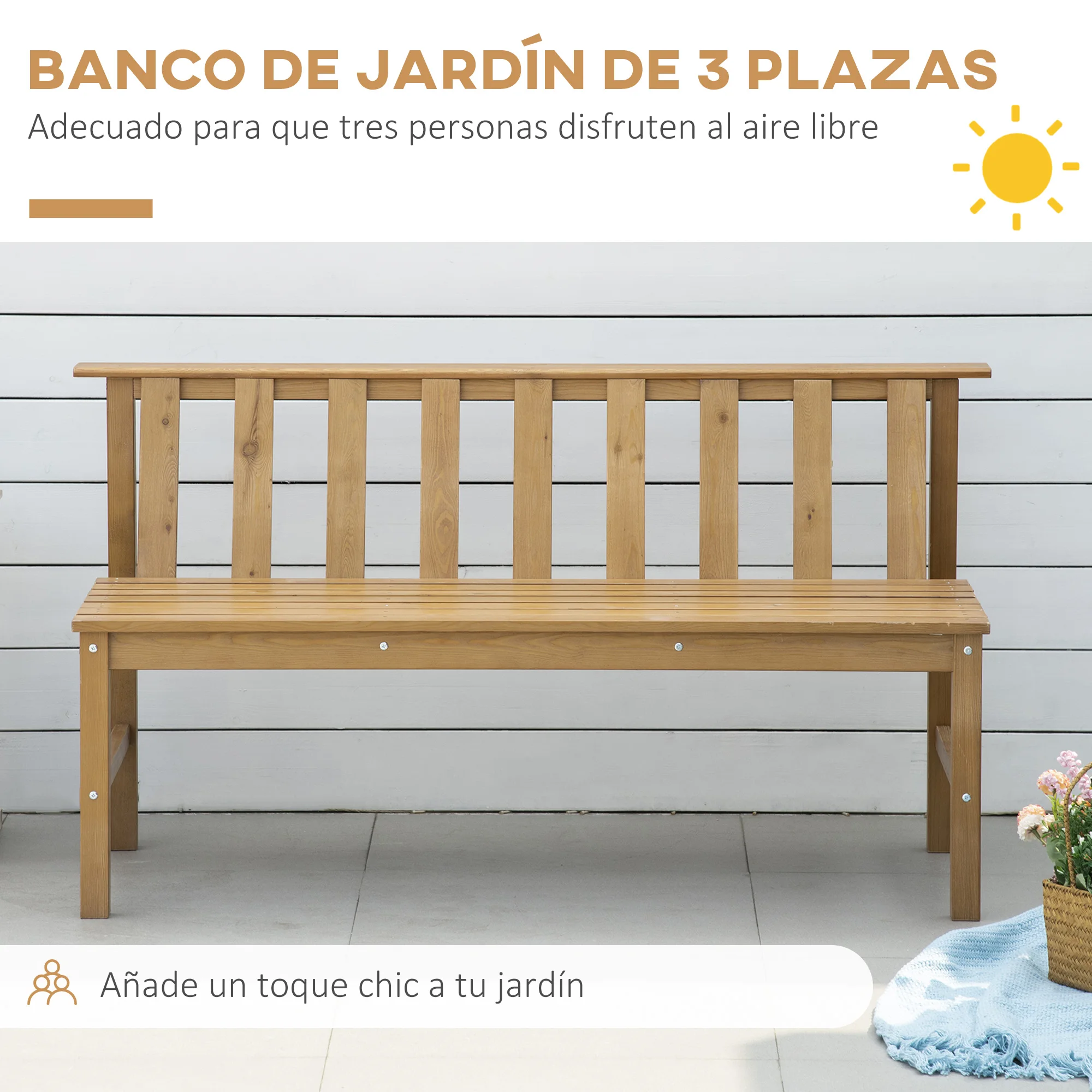 Banco de jardín Outsunny natural 122x60x83 cm acero madera