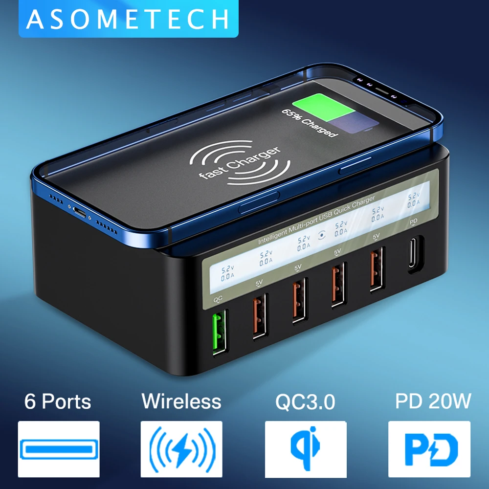 ASOMETECH 6 Port Quick Charge USB Charger Wireless Charger Fast Charger Adapter USB C PD Phone Charger For iPhone 13 12 11 Samsung Huawei