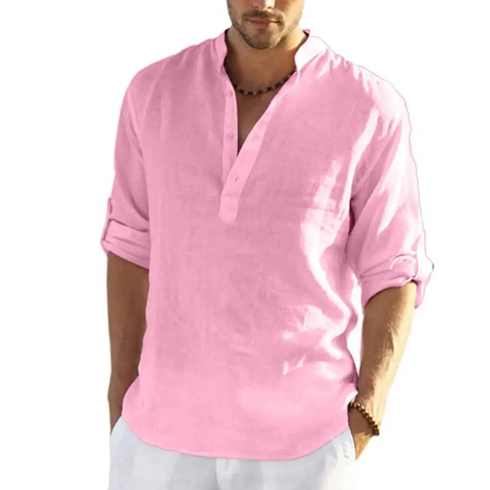 

Рубашка Мужская льняная с длинными рукавами, Повседневная Базовая сорочка из хлопка и льна, Однотонная футболка
