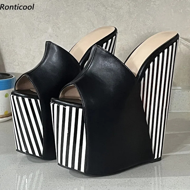 

Ronticool Handmade Women Summer Mules Sandals Wedges High Heels Round Toe Black Cosplay Shoes US Plus Size 4-15