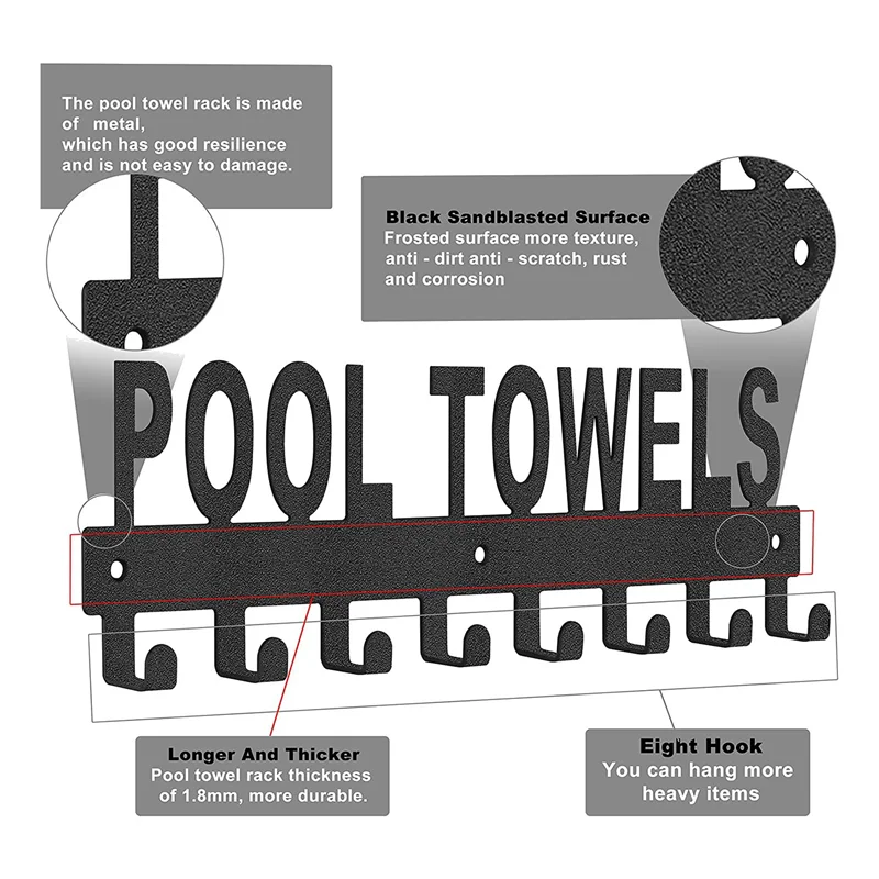 Pool Towel Rack Outdoor Wall Mount Towel Holder Towel Hooks for Bathroom Towel Hanger for Pool Area, Bathrobe Towel