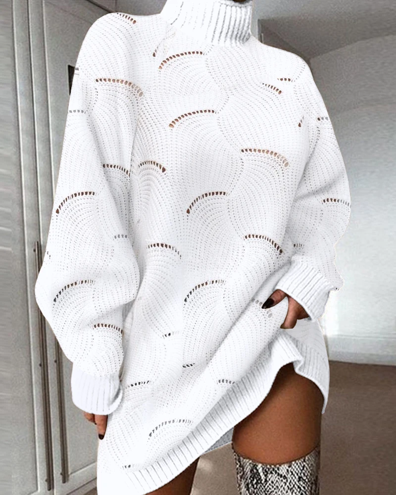 

Fashion Women High Neck Hollow-out Casual Sweater Dress 2023 Autumn Winter Long Sleeve Pullover Mini Dress Female Clothings New