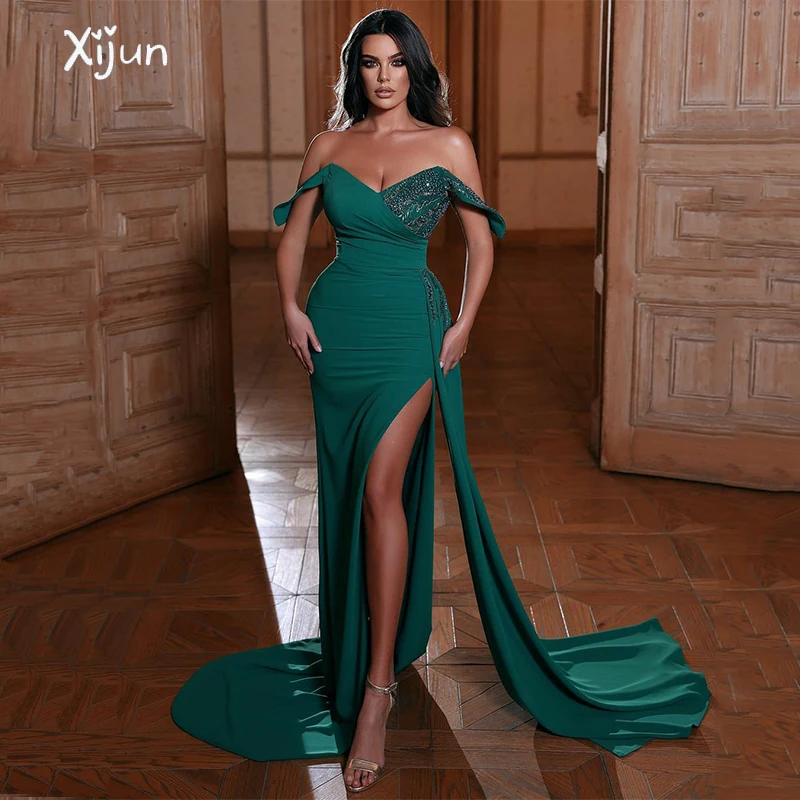 

Xijun Elegent Green Mermaid Evening Gowns Beading Sequin Prom Dresses Off The Shoulder Side Split Saudi Arabia Party Dress Women