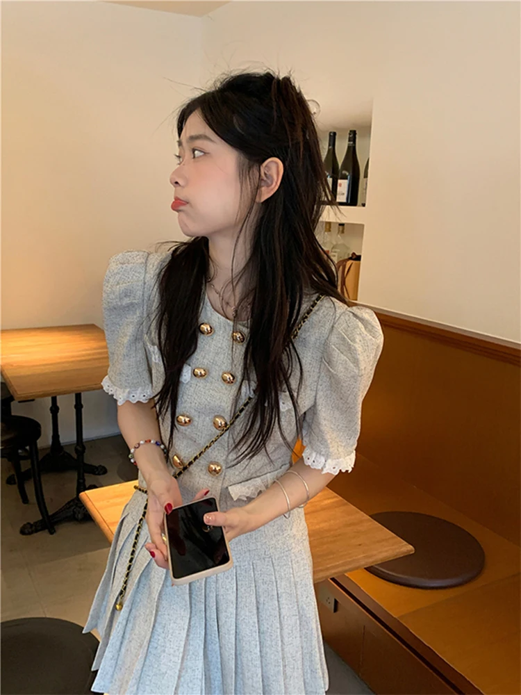 

Korean Summer Dress For Women 2023 New Double Breasted Lace Patchwork Slim Pleated Dress French Vintage Party Vestidos