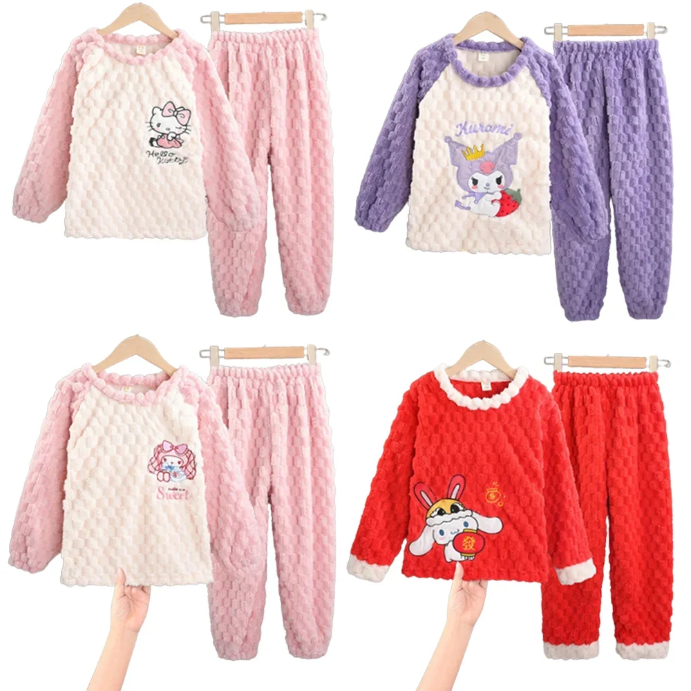 

Anime Sanrioed Hello Kittys Children Winter Pajamas Kawaii My Melody Kuromi Cinnamoroll Warm Coral Velvet Top Pants Homewear Set