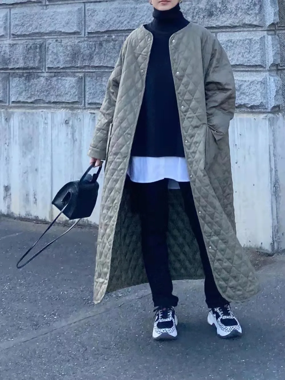 

Women Cotton Coat Autumn Winter 2023 New Japan Korean Round Neck Casual Thickened Warm Rhombic Lattice Long Cotton Overcoat