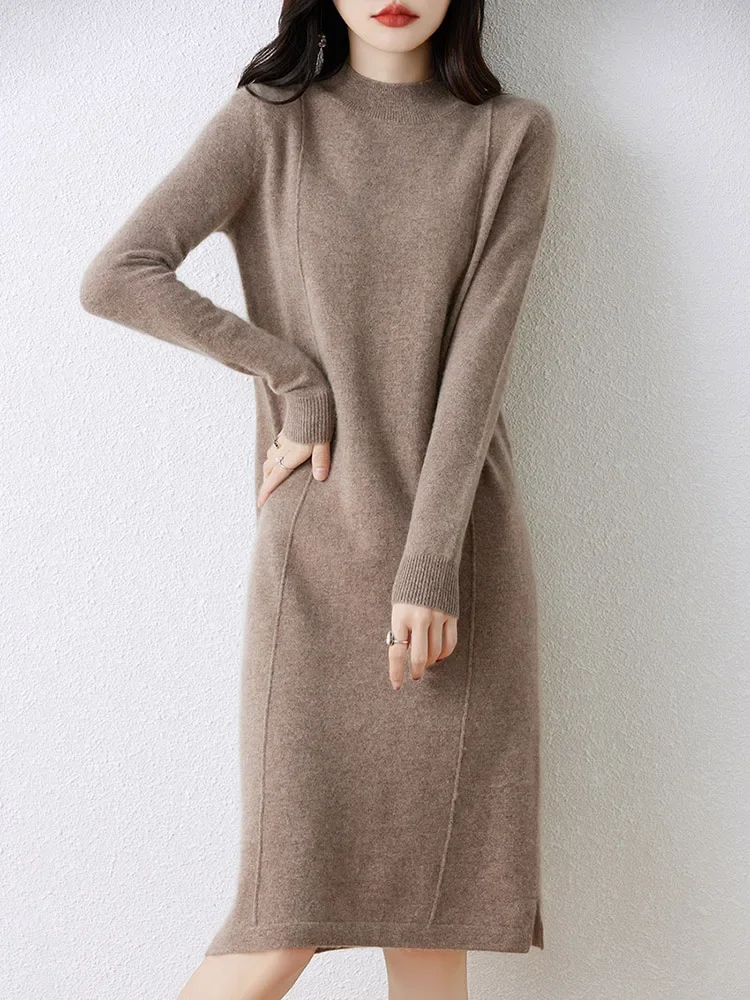 Women's 100% Pure Wool Cashmere Sweater Dress Long Semi-Turtle Neck Skirt  Loose Fit for Autumn Winter - AliExpress 200000345
