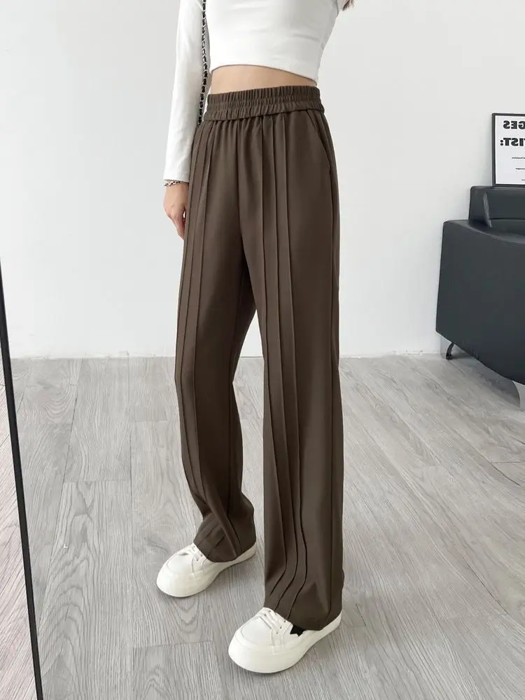 High Rise Pleated Wide-Leg Trousers   Women’s Loose fit Pure Simple Retro Casual Office Ladies womens plus size All-match Stylish Daily Autumn workwear Streetwear M-5XL Pants for Woman in dark khaki brown