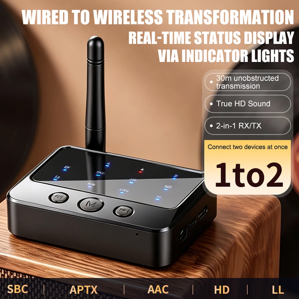 KEBIDU Bluetooth 6.0 수신기 송신기 AptX-Adaptive 2-in-1 오디오 어댑터 AD/HD/LL AAC SBC 낮은 대기 시간 음악 무선 어댑터 Bluetooth 6.0 Receiver