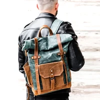 Multifunction Fashion Men Backpack Vintage Canvas Roll Top Backpack Leather School Bag Portable Wearproof Travel Weekend Bag 2