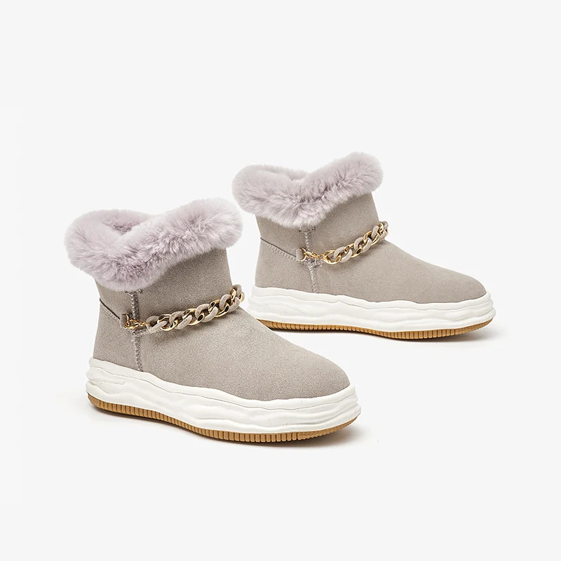 BeauToday Snow Boots Women Cow Suede Leather Ankle Boots Round Toe Chain Decoration Ladies Winter Warm Shoes Handmade 08035