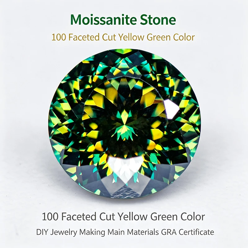 Moissanit-Stein 100 Facettenschliff Gelb-Grüne Farbe Charms Edelstein DIY Halskette Ohrringe Hauptmaterialien mit Zertifikat