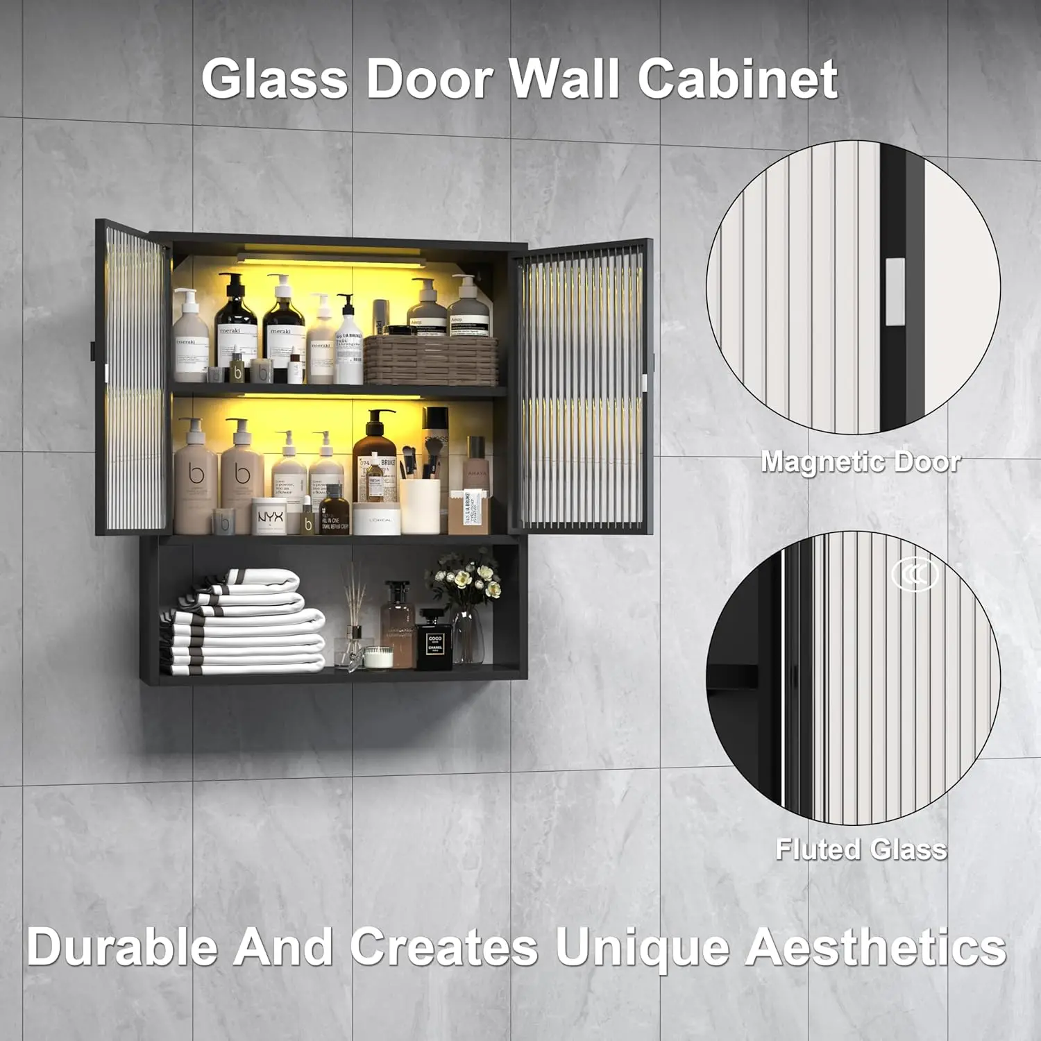 Metal Medicine Cabinets with Glass Doors ,Wall Cabinet Over The Toilet,Black Hanging Cabinet for Bathroom Kitchen Laundry Room