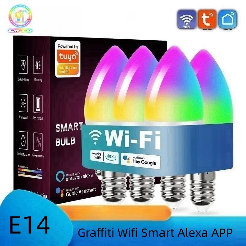 E14 LED Light Bulb Candle Lamp Graffiti Wifi Smart Alexa APP Remote Control Bedroom Light Bulb Room Downlight Electric Bulbs