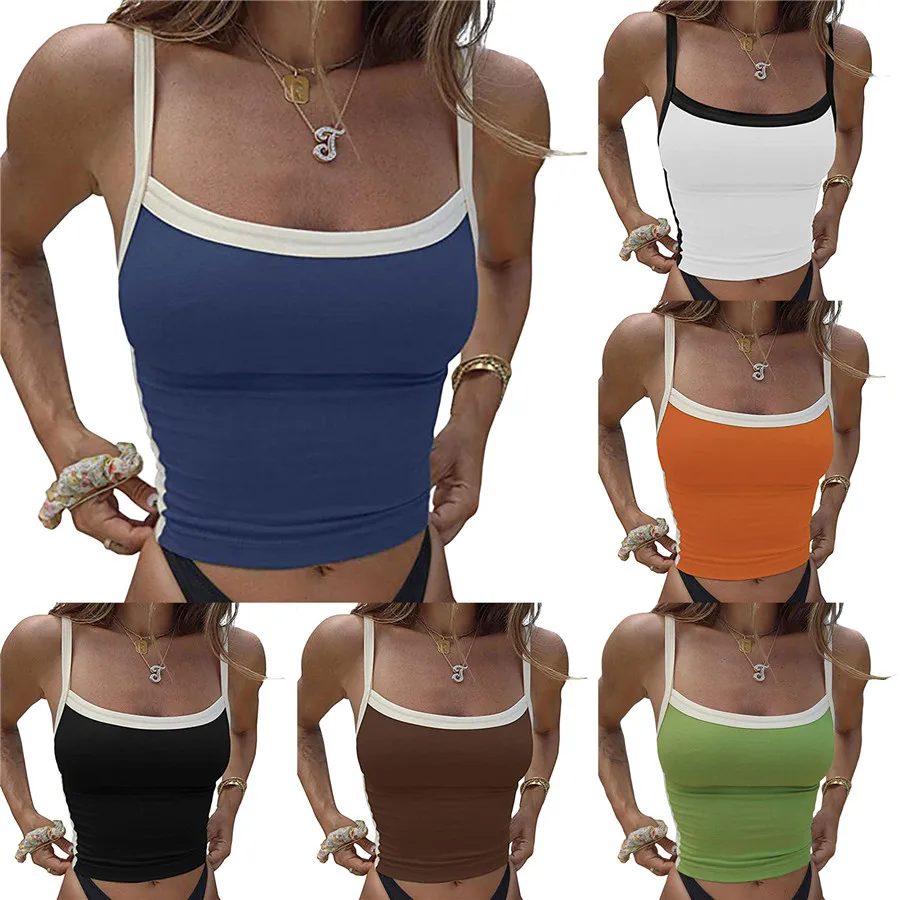 Women Crop Tops Spaghetti Strap Square Neck Contrast Color Slim Fit Camisoles For Women Summer Casual Short Tank Tops 2