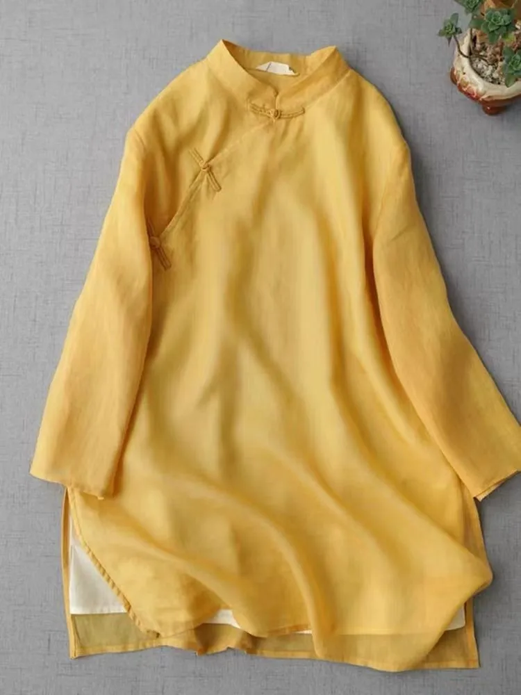 Chinese Dress Mid Length Cotton Linen Women&rsquo;s Top Retro Art Shirt Loose Hanfu Cheongsam Qipao