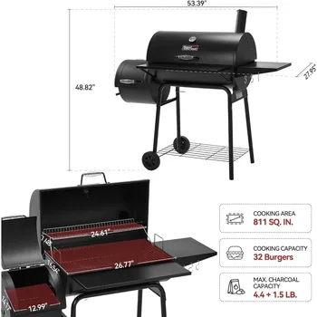 CC1830SC Charcoal Grill Offset Smoker with Cover, 811 Square Inches, Black, Outdoor Camping 3
