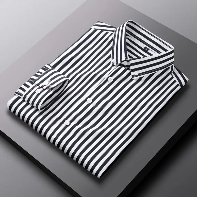 

2023 Men Spring Autumn Fashion Striped Slim Fit Shirts Men's Korean Long Sleeve Casual Shirts Male Turn-down Collar Blouses P304