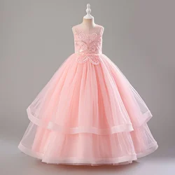 Lilac Tulle Sleeveless Flower Girl Dress with Bow and Beaded Appliques - 150 (Pink)
