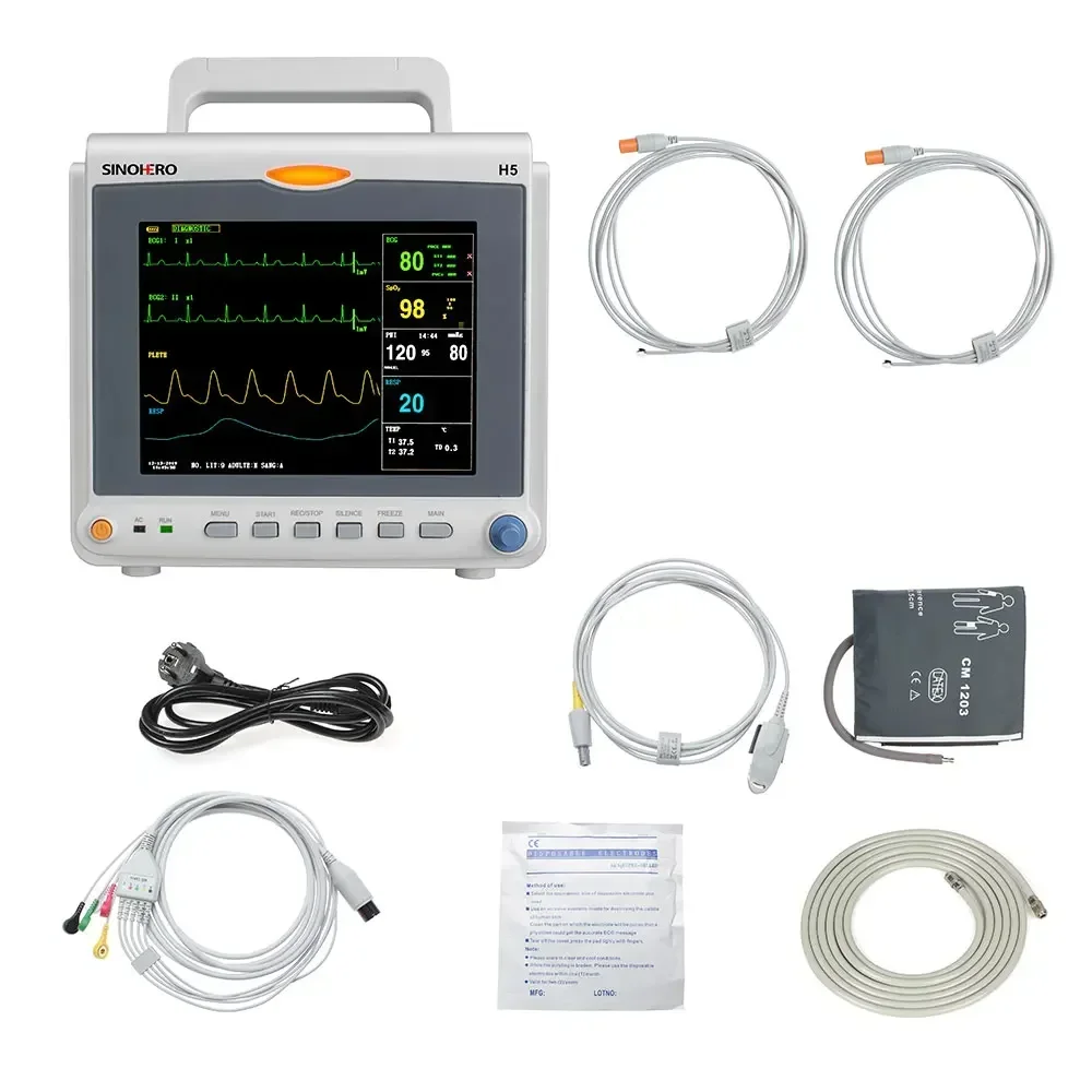 מוניטור למטופלים נייד H5 עם מספר פרמטרים, מסך LCD צבעוני בגודל 8 אינץ', תצוגת SPO2 PR NIBP ECG, סימני חיוניים רפואיים