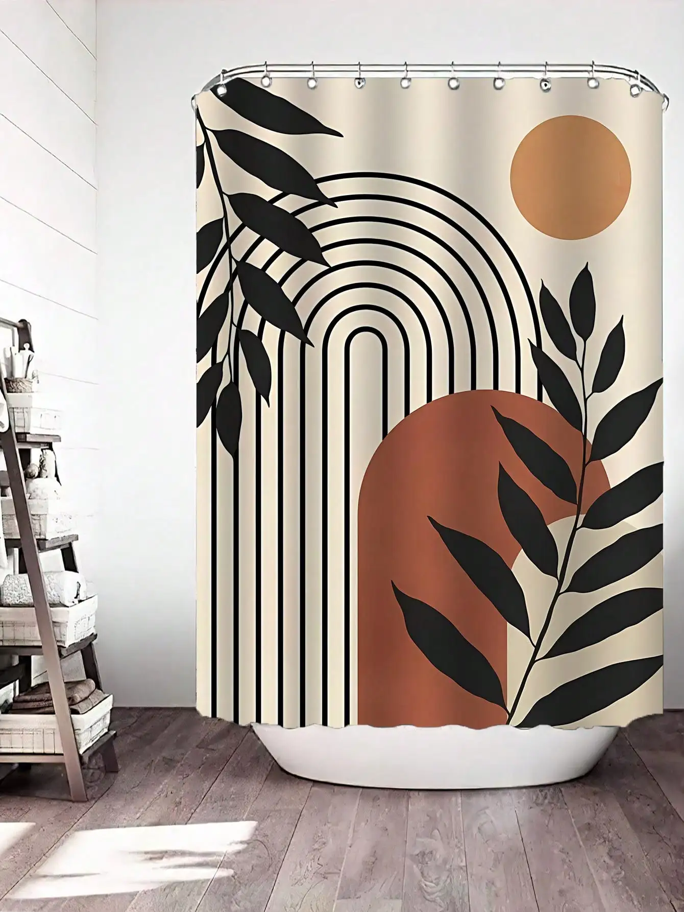 1pc Modern Style Geometric Printing Polyester Fabric Shower Curtain, Waterproof And Mold Resistant Bathroom Partition Curtain 4