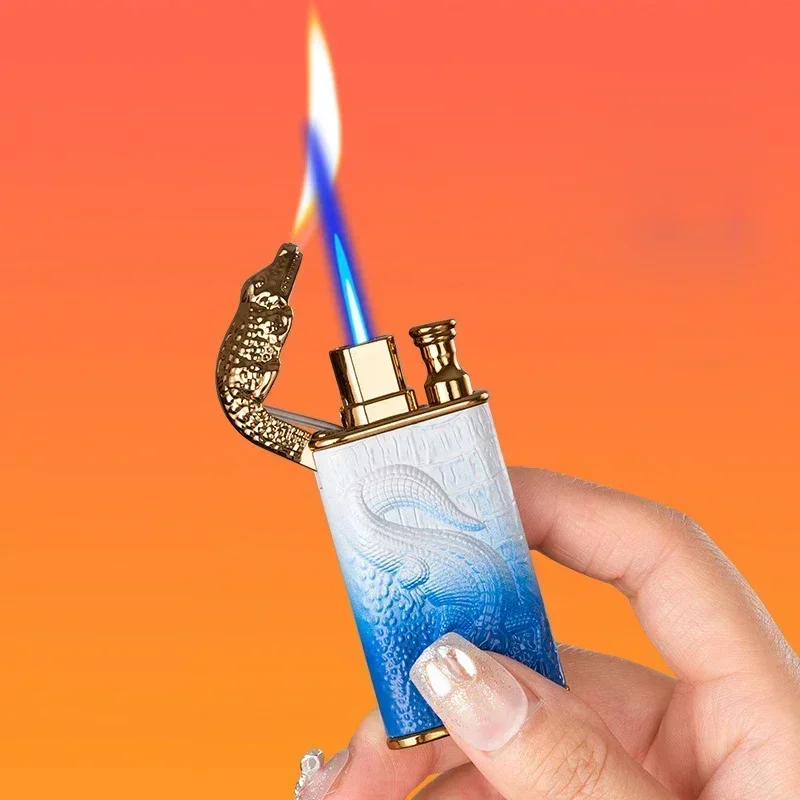 3D Embossed Dragon Crocodile Dual Fire Metal Windproof Jet Fire Open Flame Convertible Gas Lighter Smoking Men Gift gas lighter
