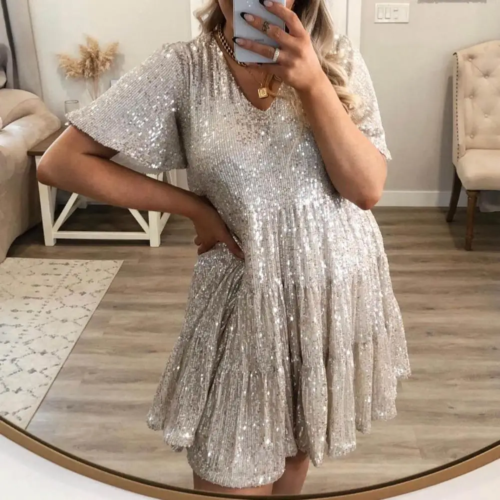 

Women Dress Sparkling Sequin A-line Mini Dress with V Neck Pleated Detail for Women's Prom Party Special Occasions Elegant Round