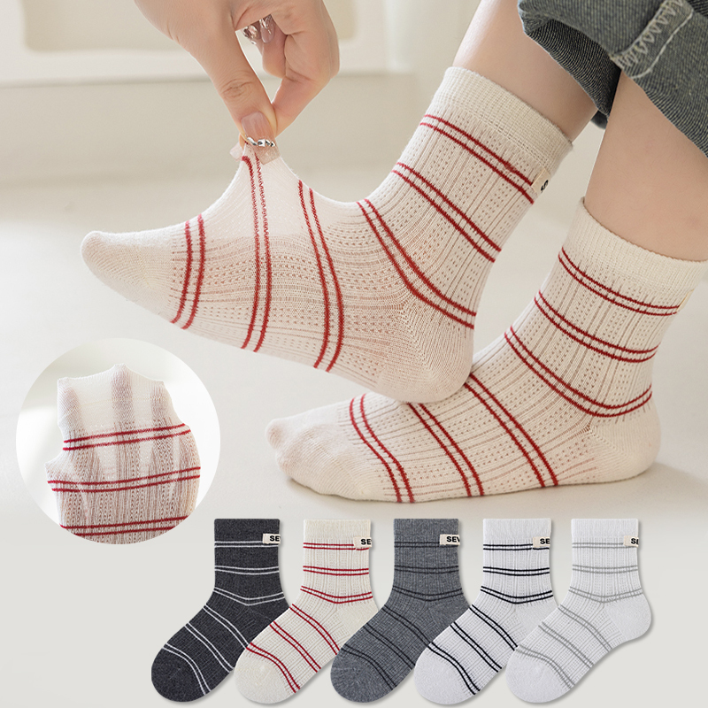 5 Pairs Children Socks Set Mid Tube Baby Socks Mesh Breathable Striped Cotton Socks For Kids Children's Accessories