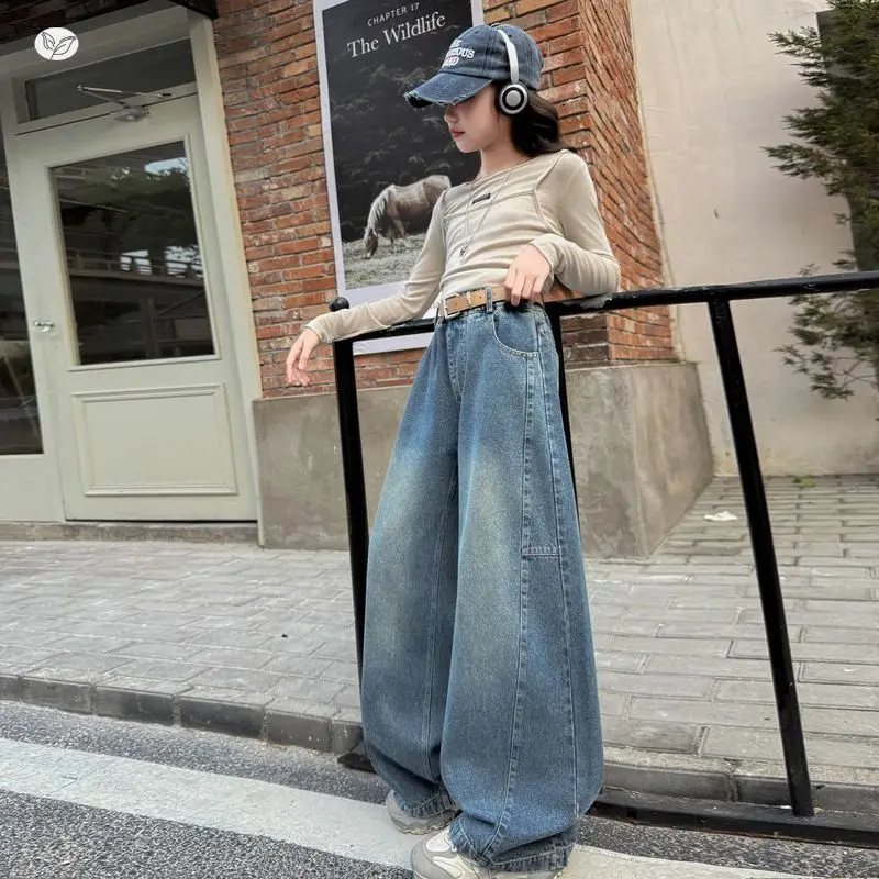 봄/가을 여아용 청바지 레트로 커브드 나이프 팬츠 10대 어린이용 따뜻한 두꺼운 루즈핏 스트레이트 와이드 팬츠 5 7 9 11 13 15세