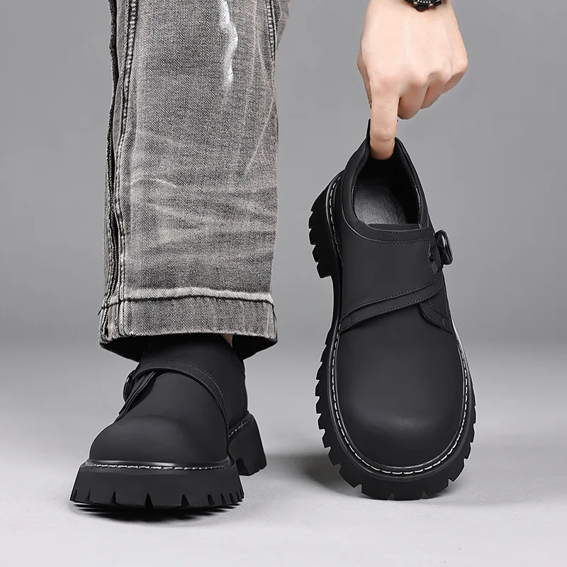 Spring Autumn British Thick Casual Derby Shoes for Men Fashion 2025 New Designer Rotary Button Black Dress Wedding Shoes Man 3