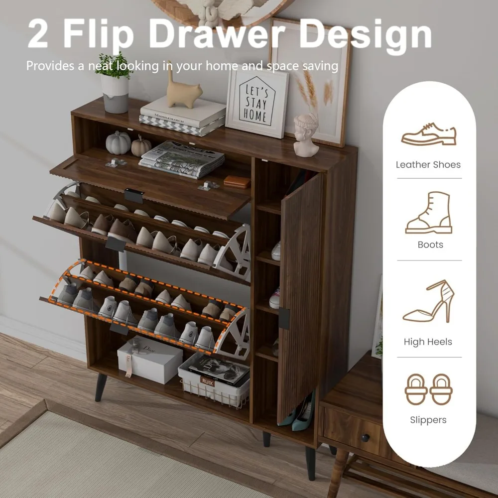 Shoe Storage Cabinet with 2 Flip Drawers Narrow Shoe Cabinet with Doors Freestanding Shoe Organizer Cabinet with Adjustable Shel 3