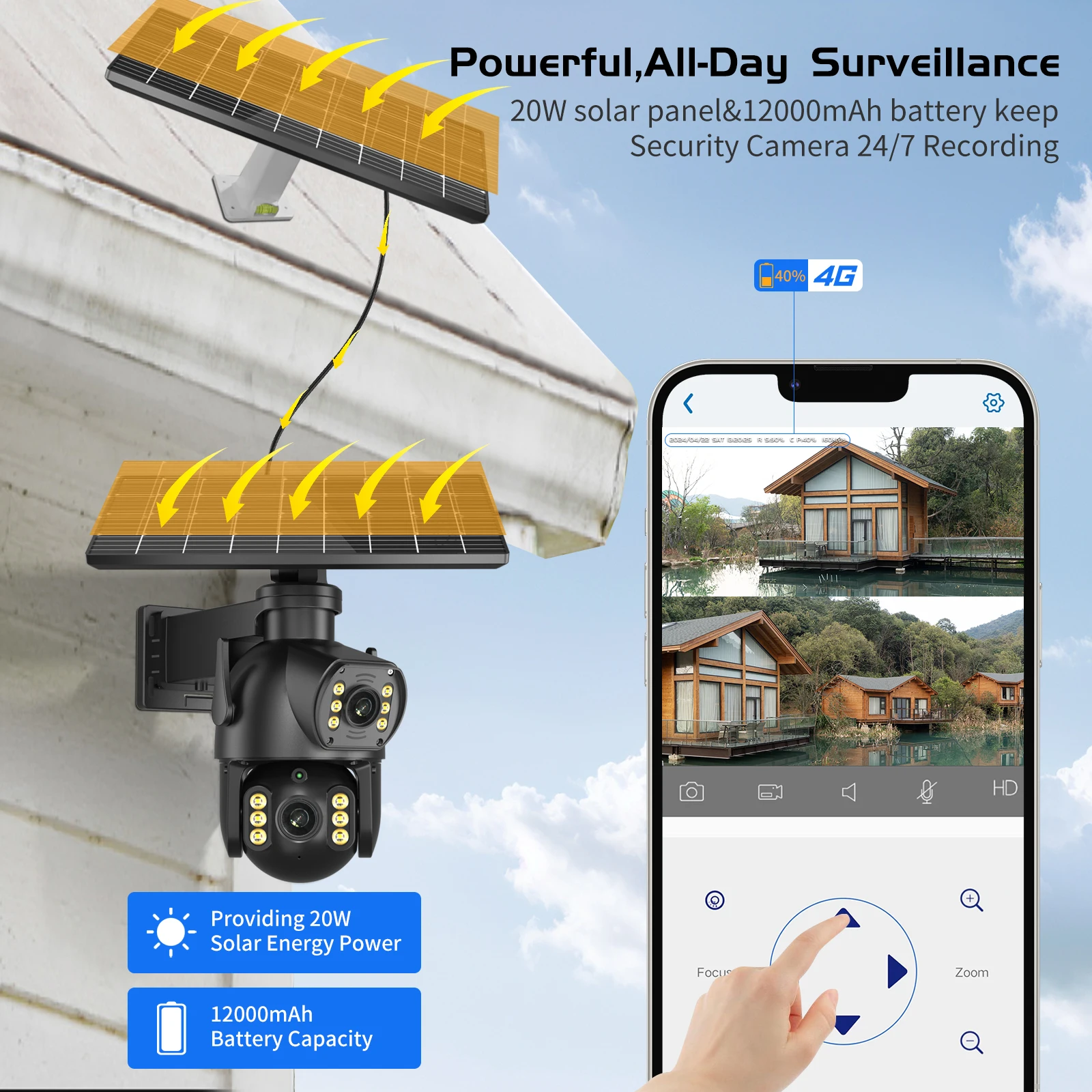 Telecamera esterna solare da 8MP 4K PTZ Scheda SIM 4G Doppia lente Telecamera a doppio schermo PIR Rilevamento del corpo umano Durata della batteria incorporata Sicurezza - immagine 2