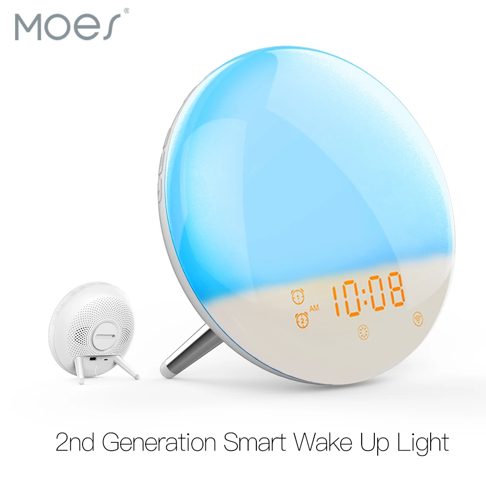 Wi-fi smart despertar luz do dia relógio despertador com 7 cores do nascer do sol/por do sol vida inteligente tuya aplicativo funciona com despertador electrónico Em promoção! > Decoração da casa