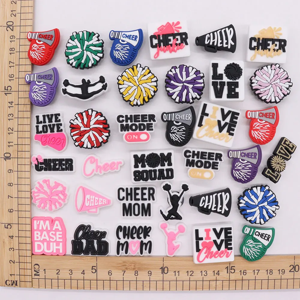 

Mix 50PCS PVC Cheer Mode On Cheerleader Speaker Live Love Sandals Shoe Charms Buckle DIY Children Bracelet Croc Jibz Party Gift