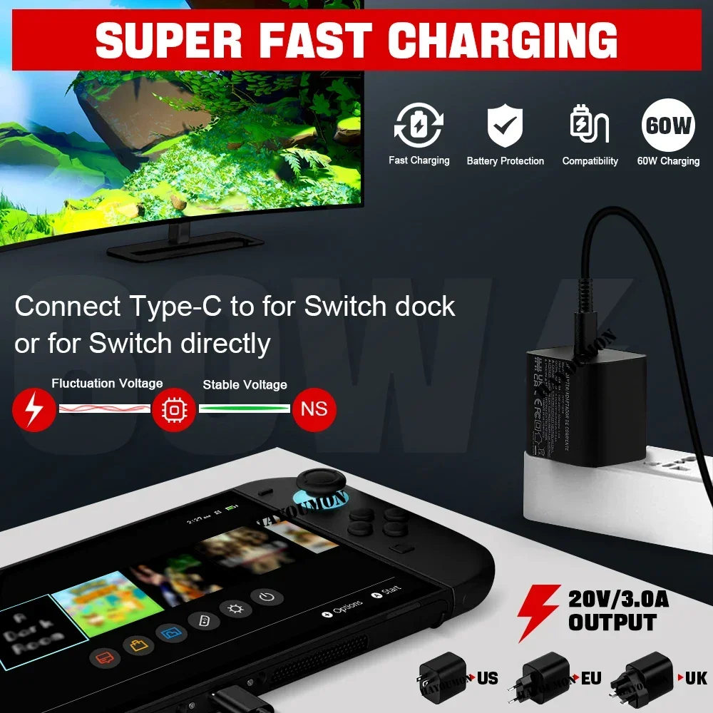 Universal 60W USB-C Power Adapter with 1.5M Charging Cable and TV Mode Support