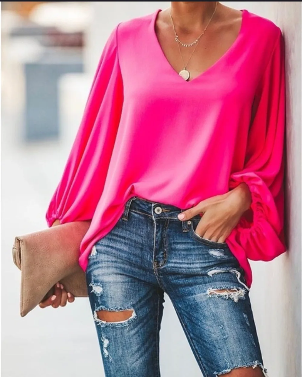 SummerWomensLeisureSolidColorVNeckVanternSleeveBaggyTShirt