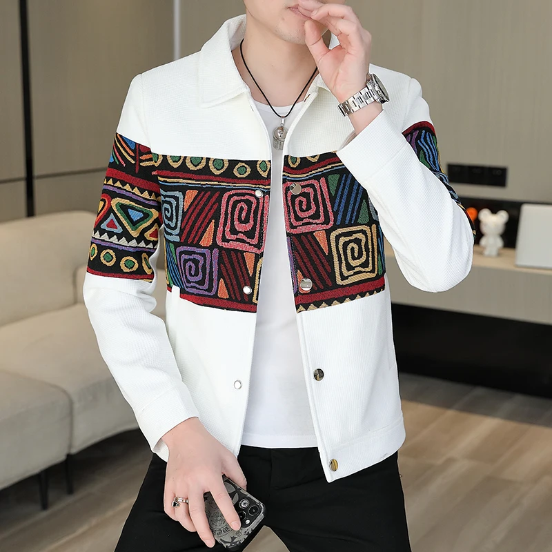 

Spring Autumn Trend Patchwork Print Jacket for Men Lapel Casual Coats Social Streetwear Windbreaker Men Coat