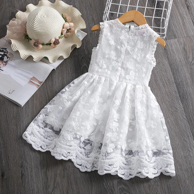 Girls Dress White Summer Flower Girls Dresses Birthday Sleeveless Wedding Evening Ball Gown Tutu Lace Floral Kids Dress