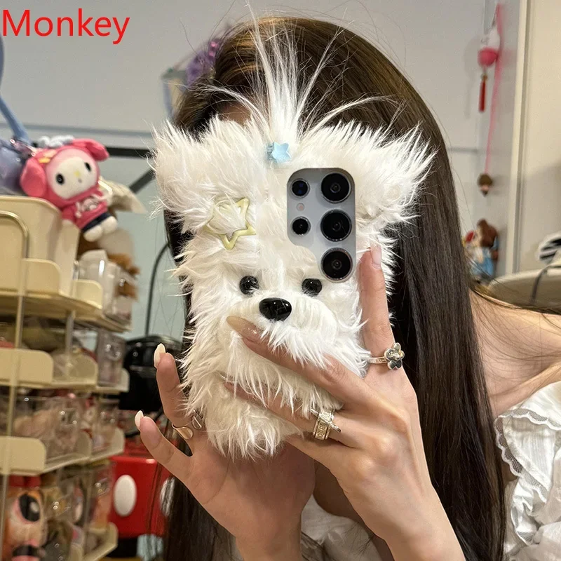 Fluffy Bow Puppy Plush Phone Case Cover