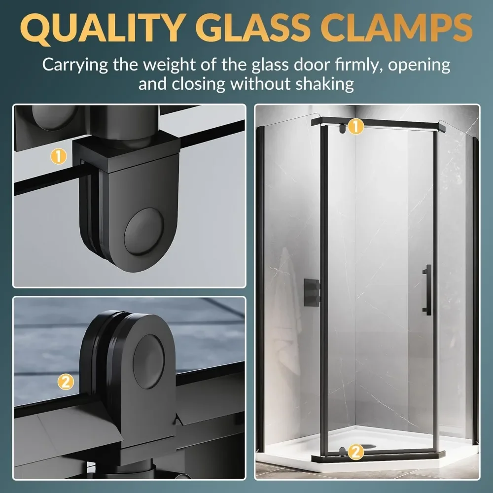 36.5 in. W X 72 in. H Shower Doors, 1/4" Clear Glass, Black Finish, Base Not Included, Corner Pivot Shower Doors 3