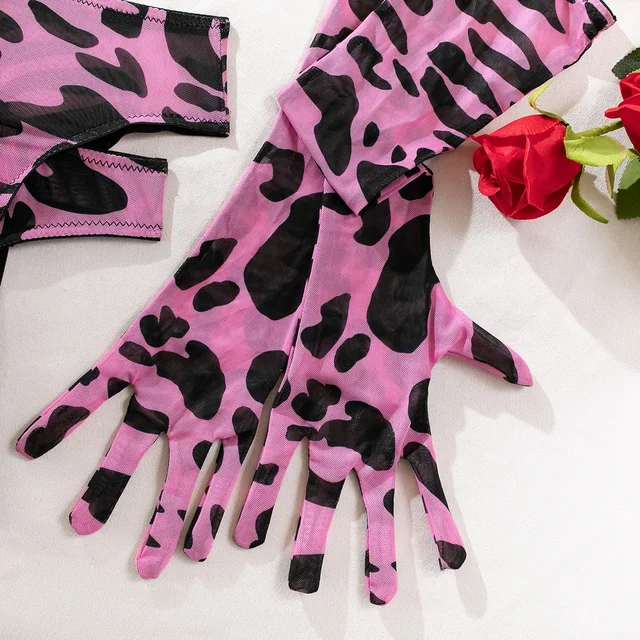 Pink Leopard Print Lingerie Set with Gloves and Stockings 6