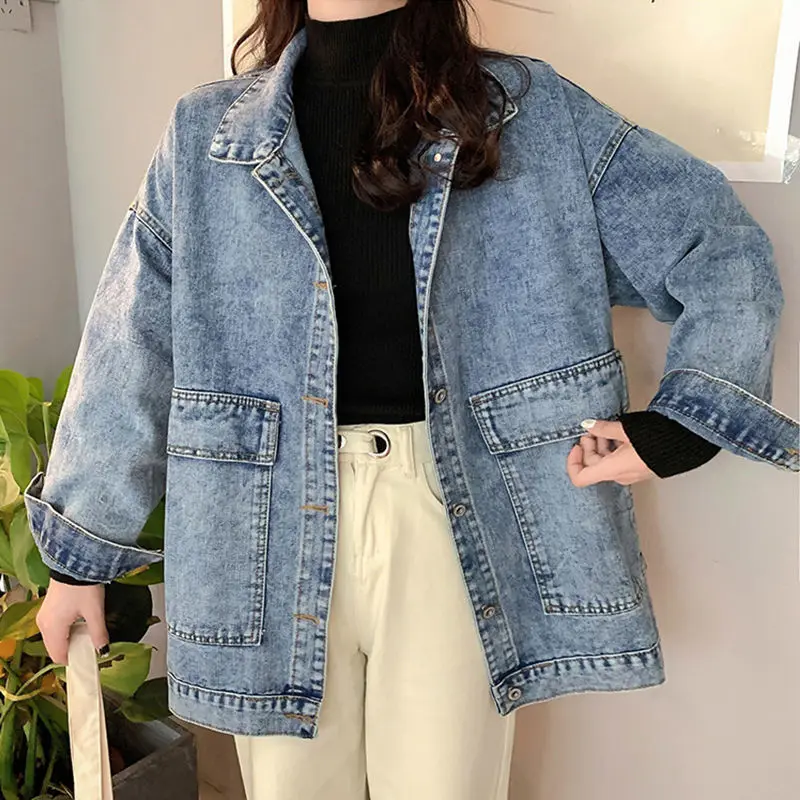 

Turn-down Collar Denim Women Loose Single Breasted Button Outwear Jean Coats Female Spring Autumn Solid Color Jacket M334