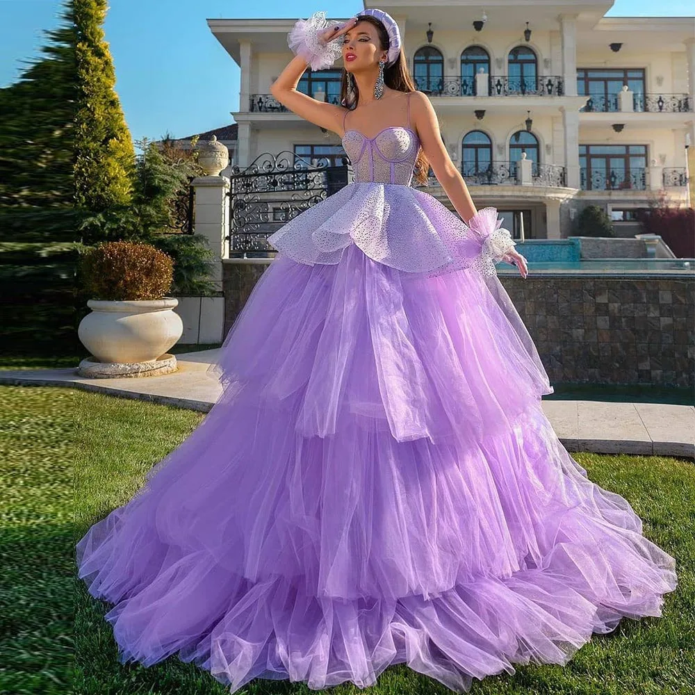 

Xijun Gorgeous Lavender Tiered Ruffles Prom Dresses Pleat Ruched Spaghetti Strap Dubai Women Evening Dress Formal Party Gown